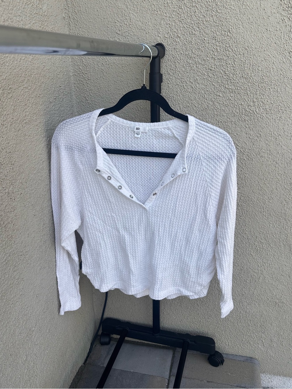 bp White Waffle Henley Long Sleeve Top